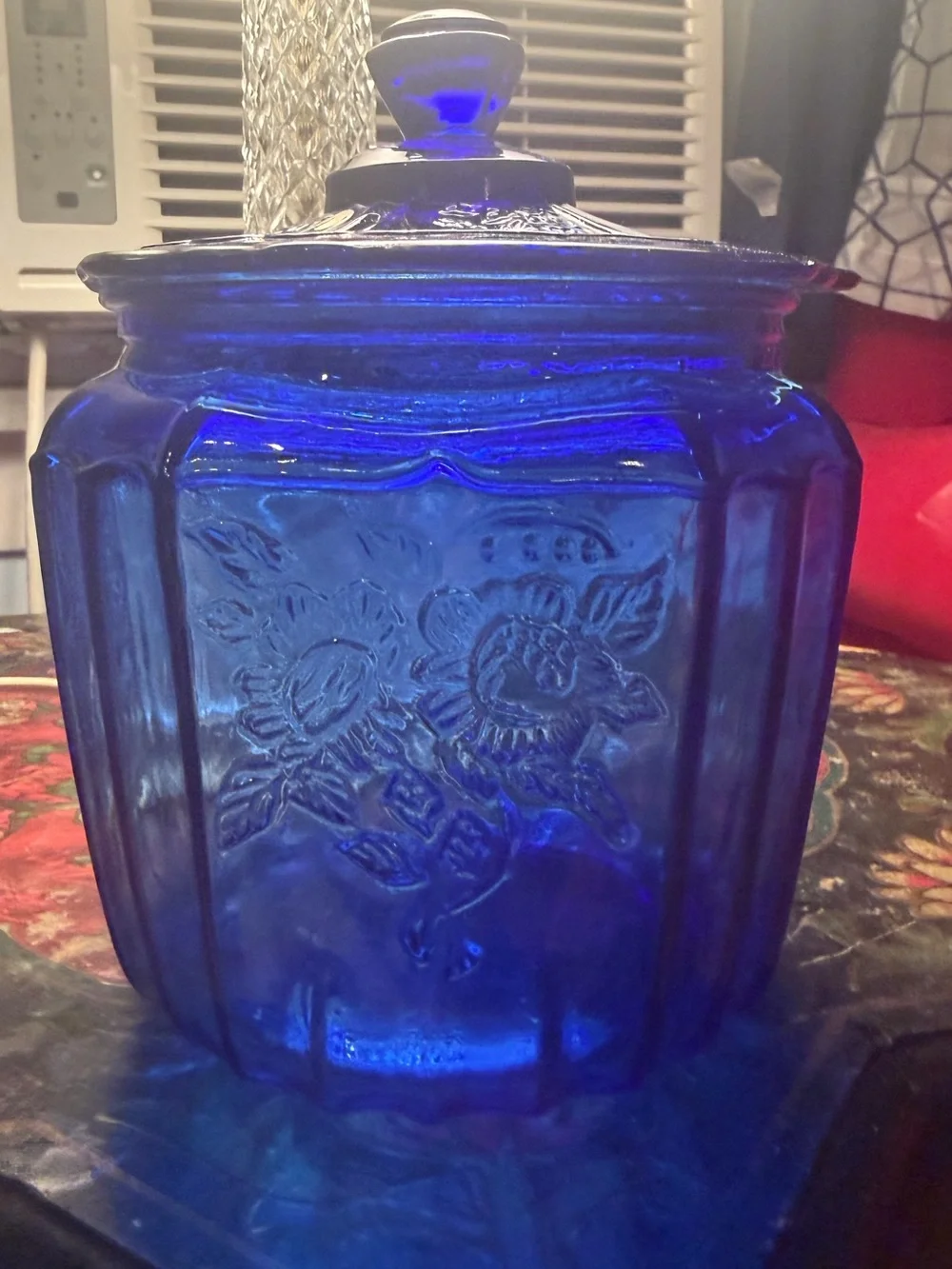 Anchor Hocking Cobalt Blue Floral Glass Biscuit Barrel  Lid